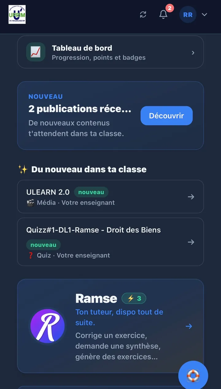 Accueil étudiant de l’application U-learn 2.0