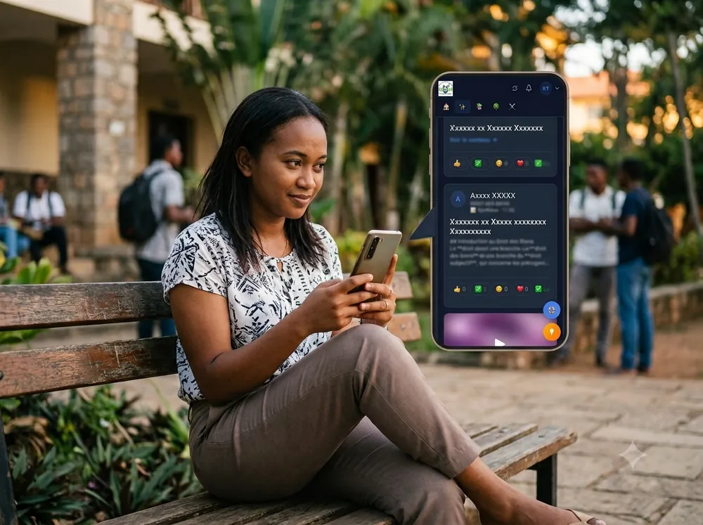 Une étudiante avance dans son parcours sur son téléphone